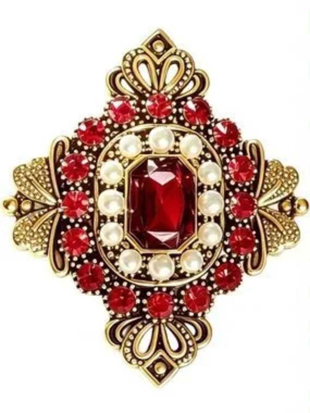 Anthropologie Gold-Tone Brooch with Red Stones and Pearl Accents